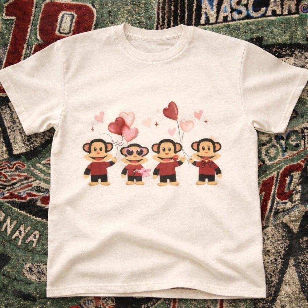 Valentine Monkeys Heart Balloon Graphic Tee Cute Love White T Shirt